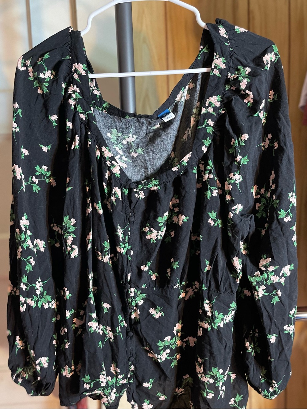 Old Navy Black Floral Peasant Blouse with Pink & Green Accents